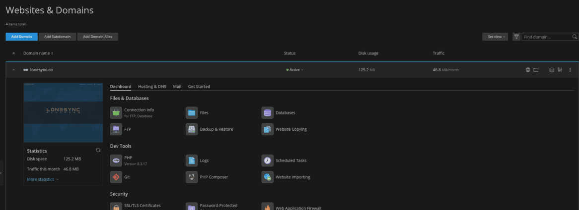 LoneSync Web Hosting - Suite Dashboard